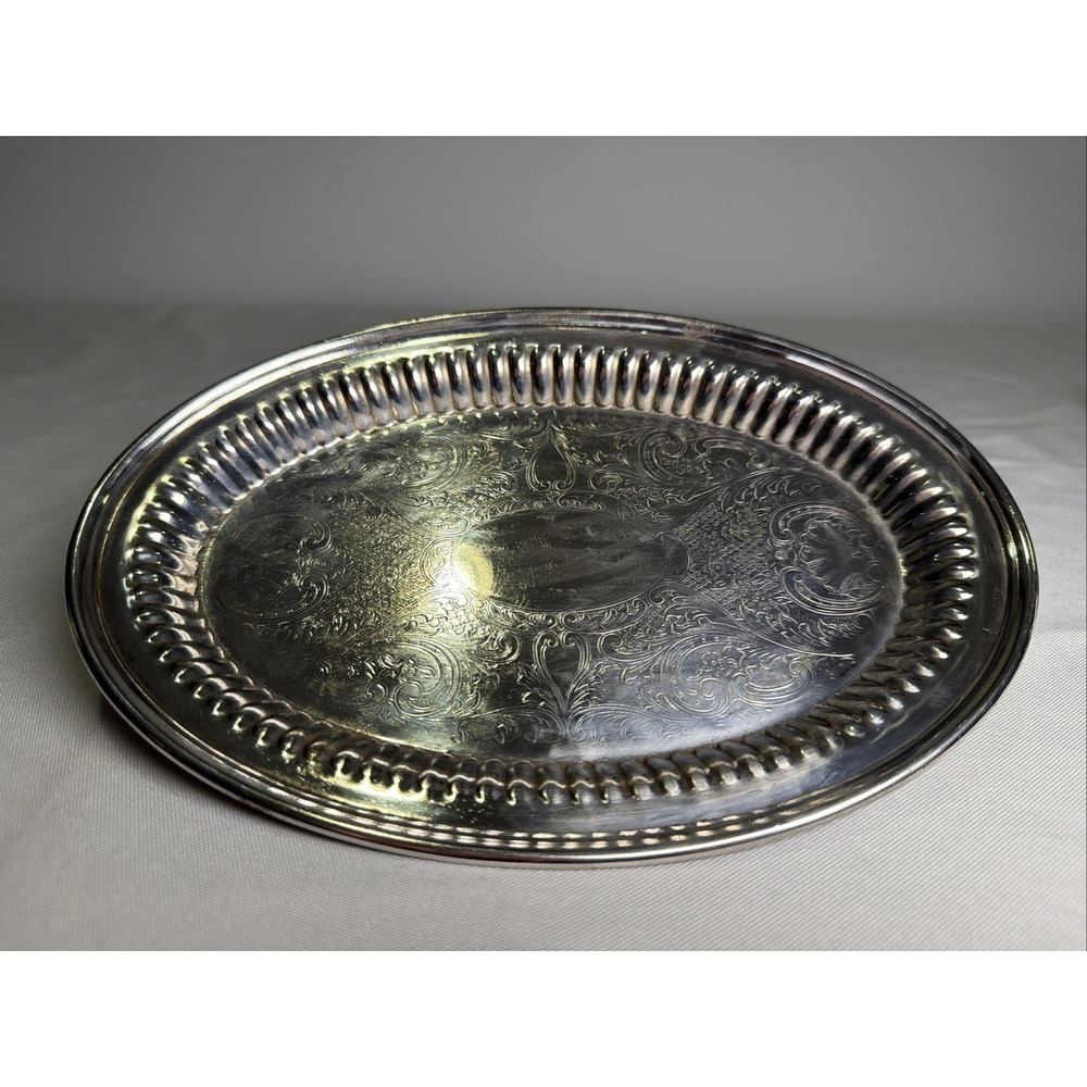 Oneida Silverplate Oval Serving Tray 9" 6" Engraved Floral Scroll Vintage